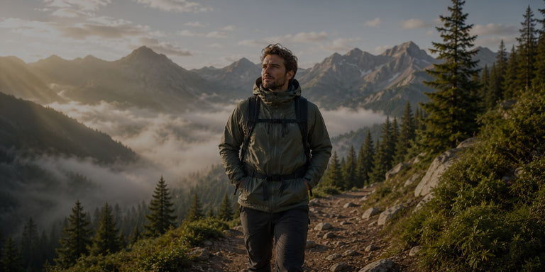 A man wearing a green outdoor jacket and dark pants stands on a mountain trail with misty peaks and pine trees in the background.