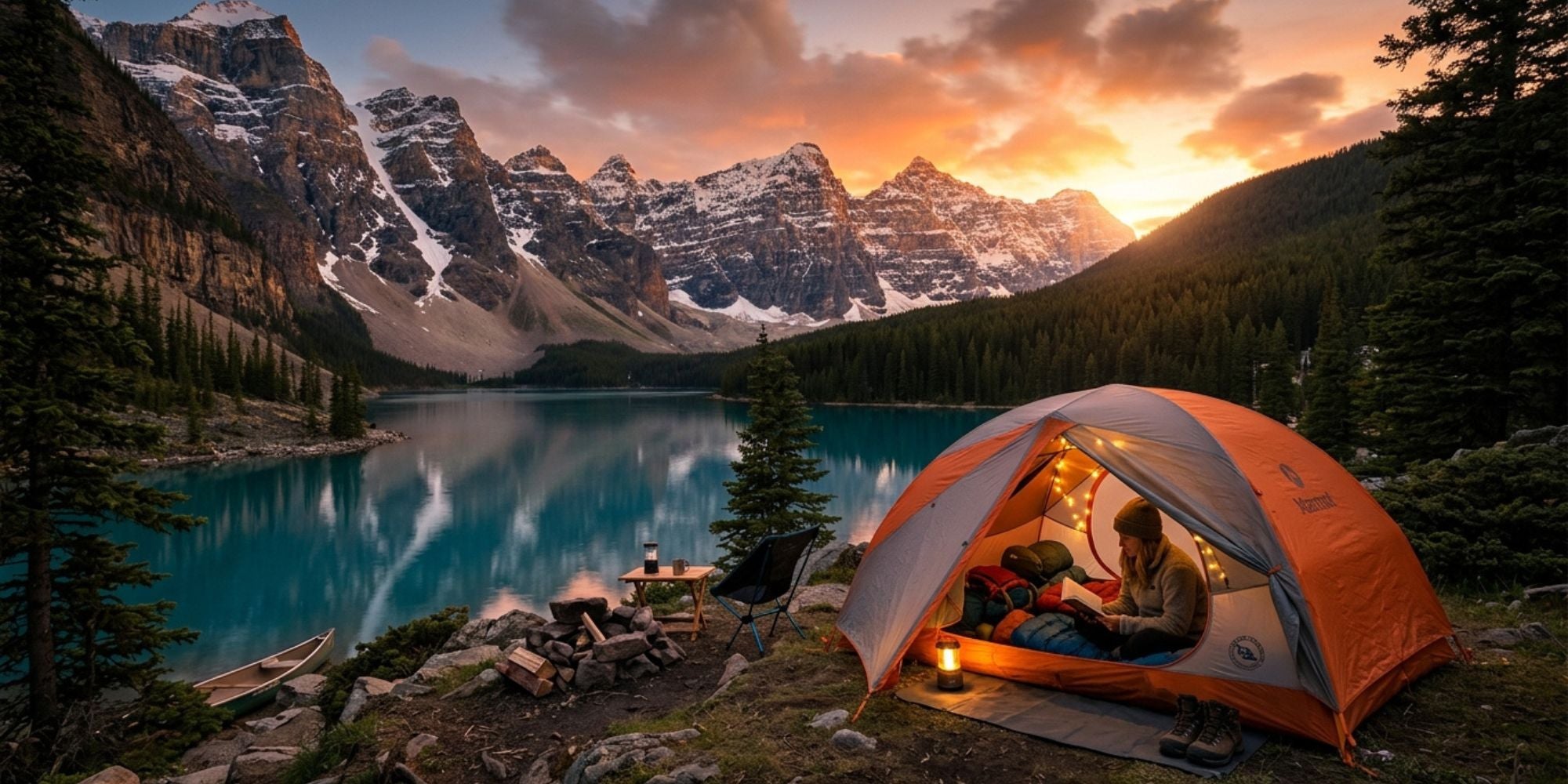 An orange and gray camping tent with a person sitting inside, set next to a campfire and overlooking a turquoise lake and snow-capped mountains at sunset.